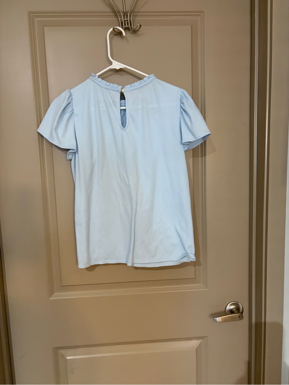 LOFT Light Blue Smocked Shoulder Ruffle Neck Blouse - Picture 4 of 6